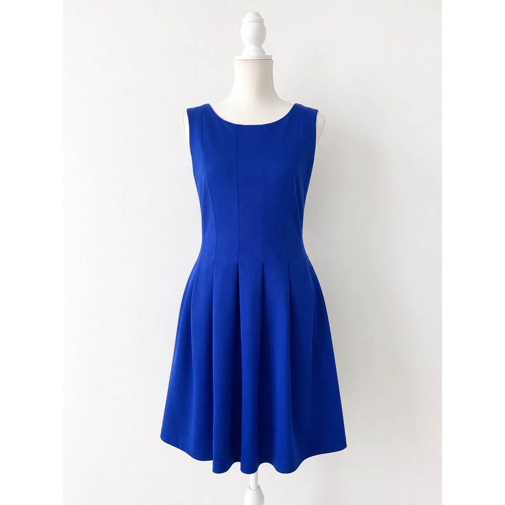 Calvin Klein Sleeveless Seamed Fit Flare Dress 4 Ultramarine Blue Pockets Career